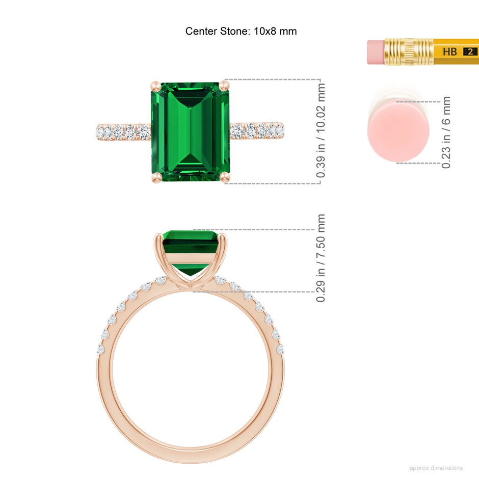 10x8mm Labgrown Lab-Grown Emerald-Cut Emerald Engagement Ring with Diamonds in Rose Gold ruler