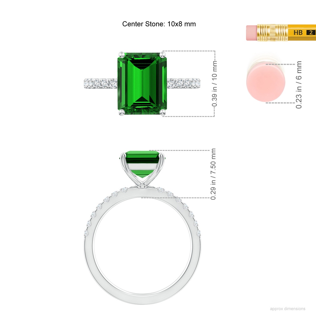 10x8mm Labgrown Lab-Grown Emerald-Cut Emerald Engagement Ring with Diamonds in White Gold ruler