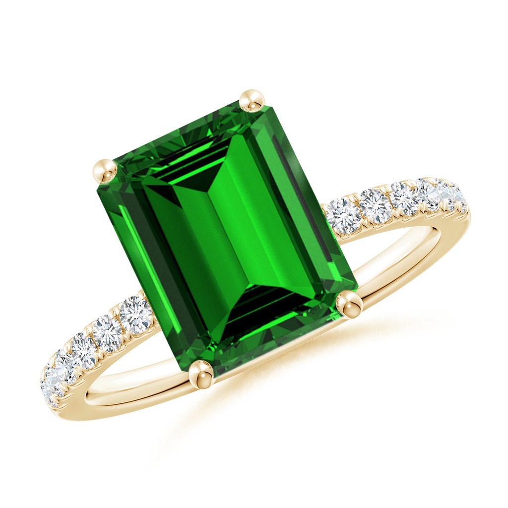 10x8mm Labgrown Lab-Grown Emerald-Cut Emerald Engagement Ring with Diamonds in Yellow Gold