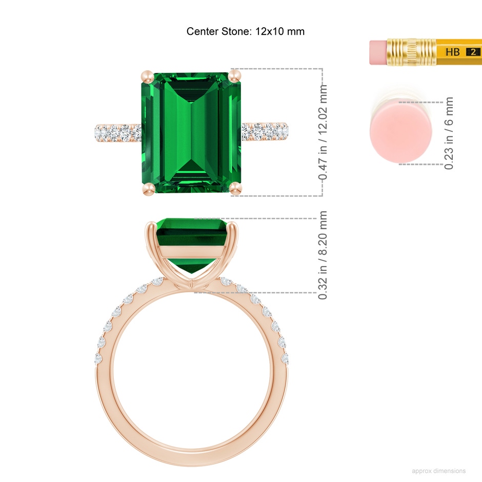 12x10mm Labgrown Lab-Grown Emerald-Cut Emerald Engagement Ring with Diamonds in 18K Rose Gold ruler