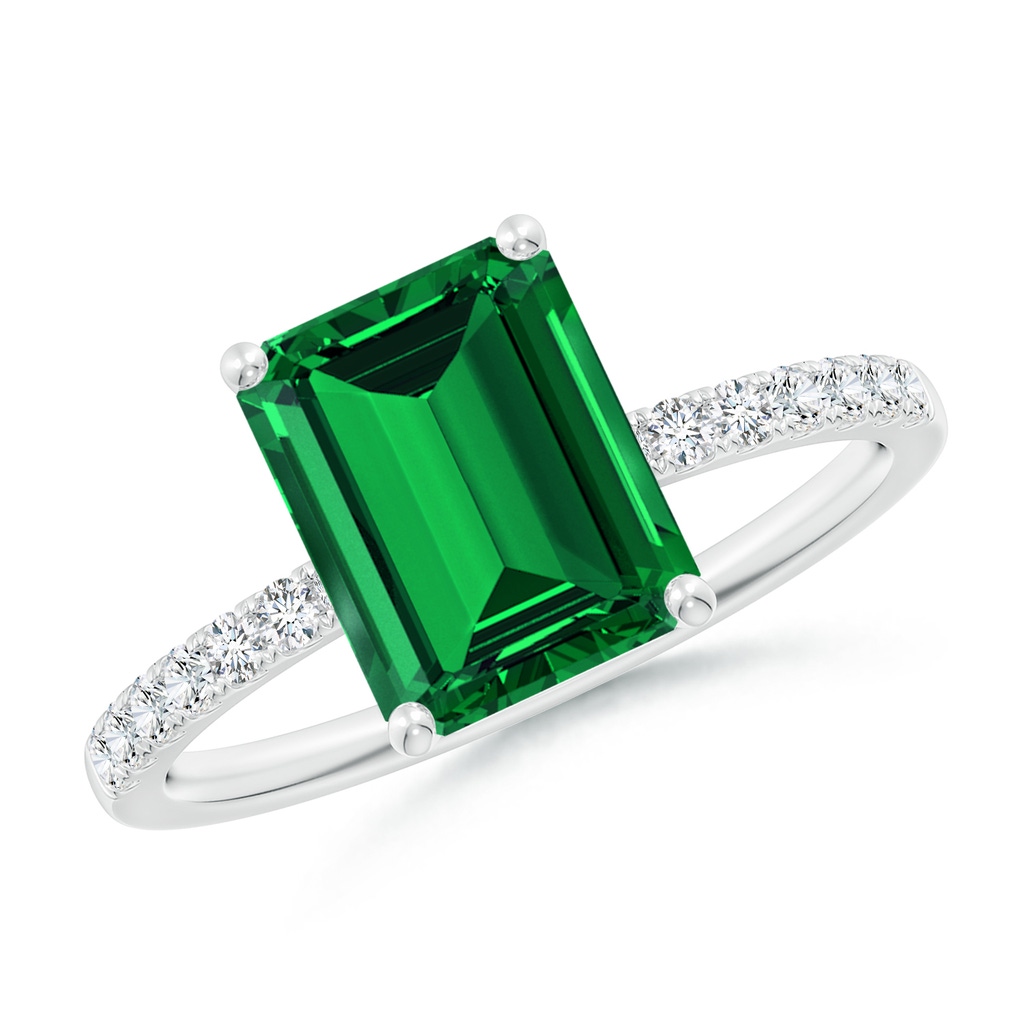 9x7mm Labgrown Lab-Grown Emerald-Cut Emerald Engagement Ring with Diamonds in White Gold