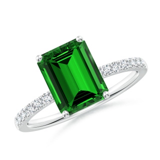 9x7mm Labgrown Lab-Grown Emerald-Cut Emerald Engagement Ring with Diamonds in White Gold