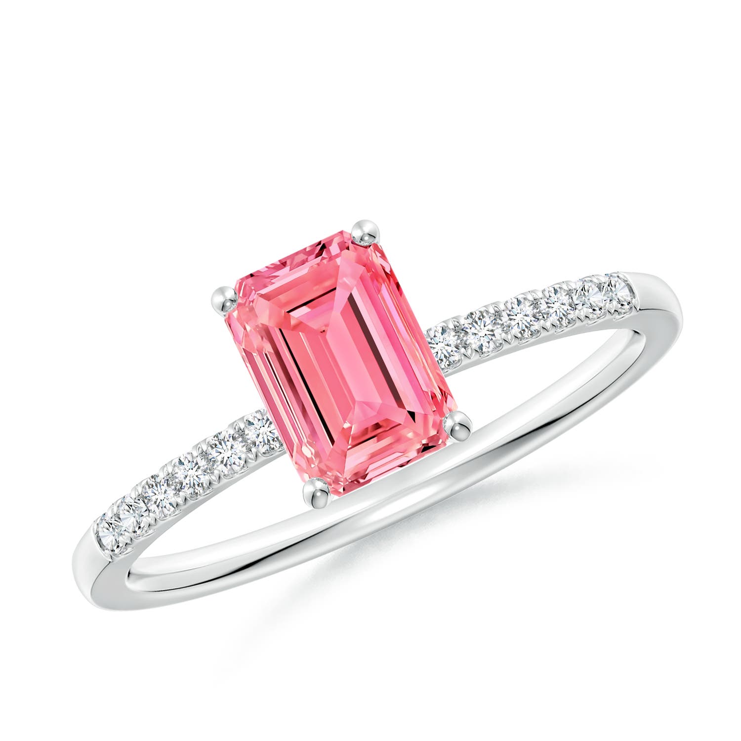 7x5mm Labgrown Emerald-Cut Lab-Grown Fancy Intense Pink Diamond Engagement Ring in 18K White Gold