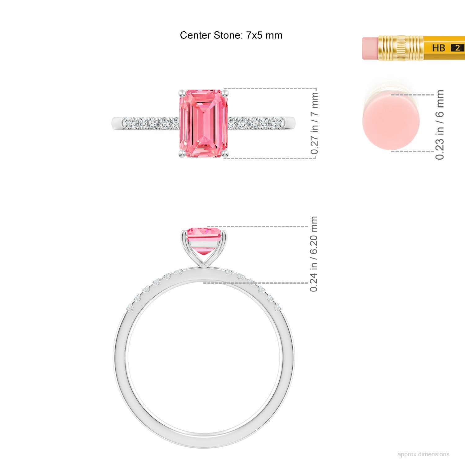 7x5mm Labgrown Emerald-Cut Lab-Grown Fancy Intense Pink Diamond Engagement Ring in White Gold - ruler