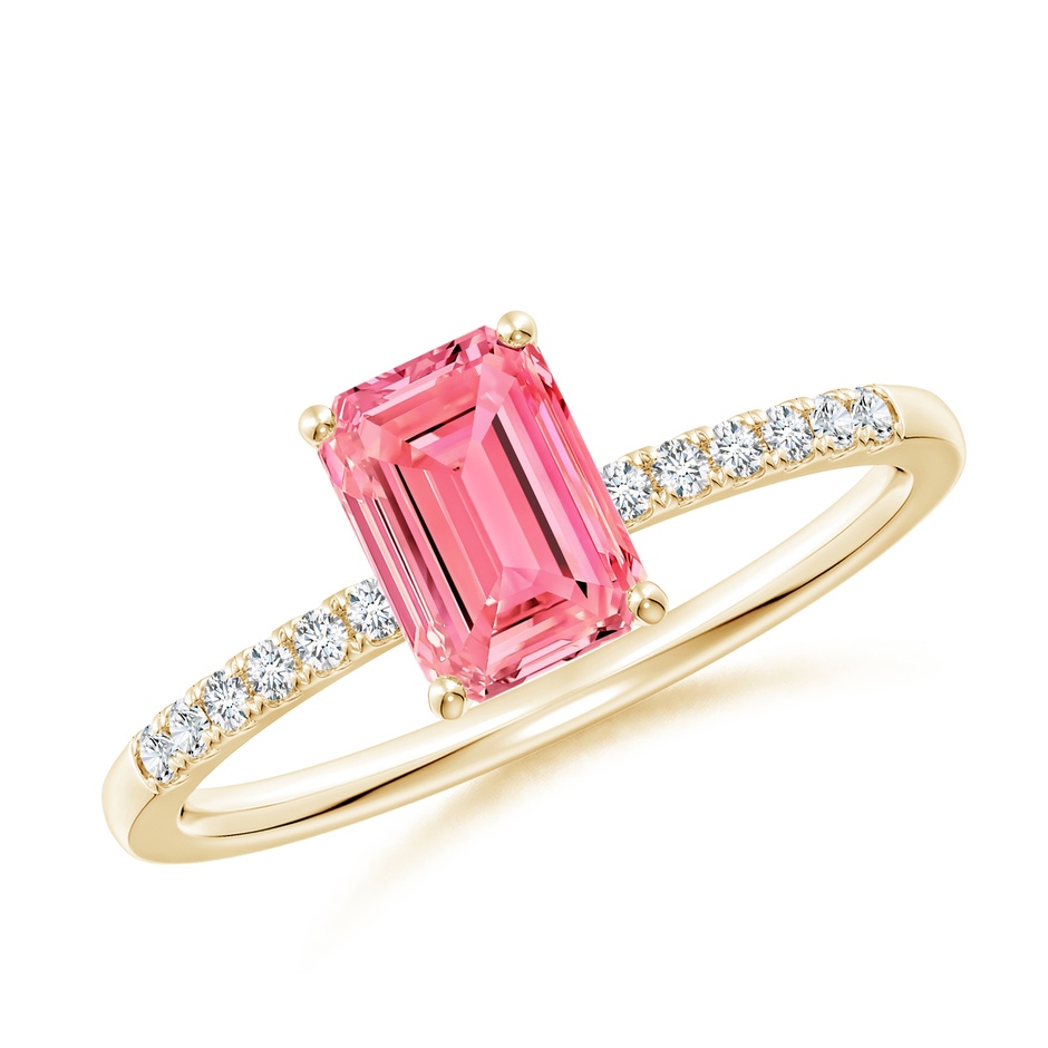7x5mm Labgrown Emerald-Cut Lab-Grown Fancy Intense Pink Diamond Engagement Ring in Yellow Gold 