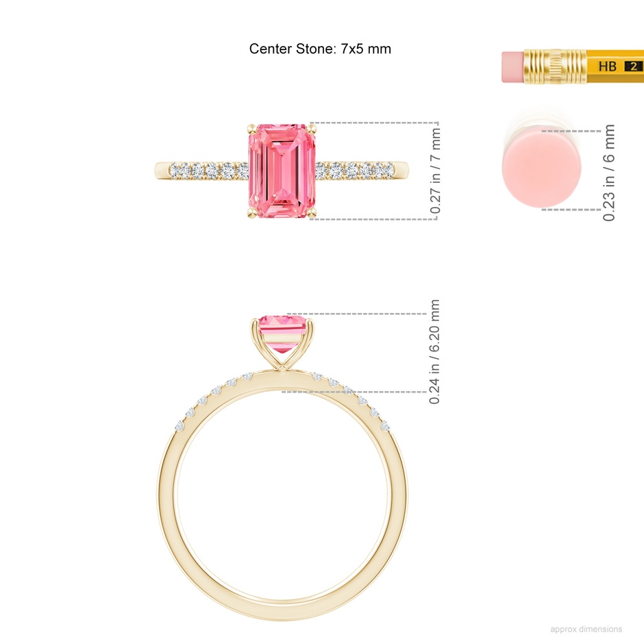 7x5mm Labgrown Emerald-Cut Lab-Grown Fancy Intense Pink Diamond Engagement Ring in Yellow Gold ruler