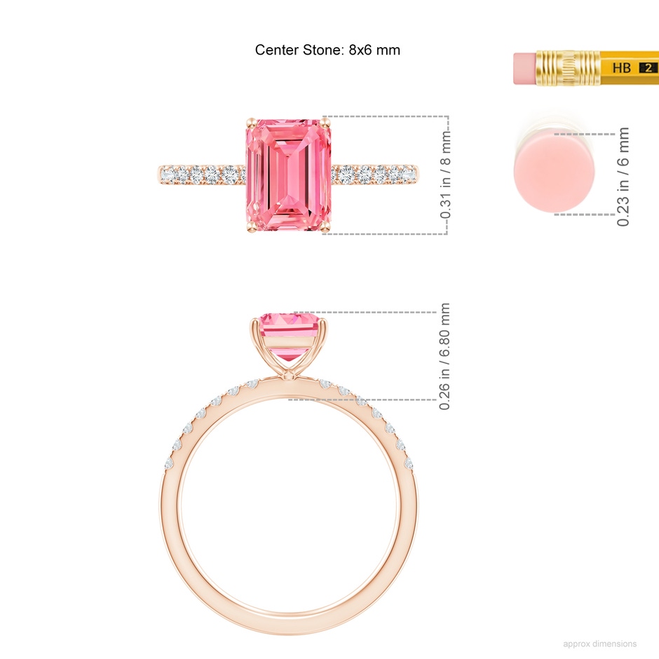 8x6mm Labgrown Emerald-Cut Lab-Grown Fancy Intense Pink Diamond Engagement Ring in Rose Gold ruler