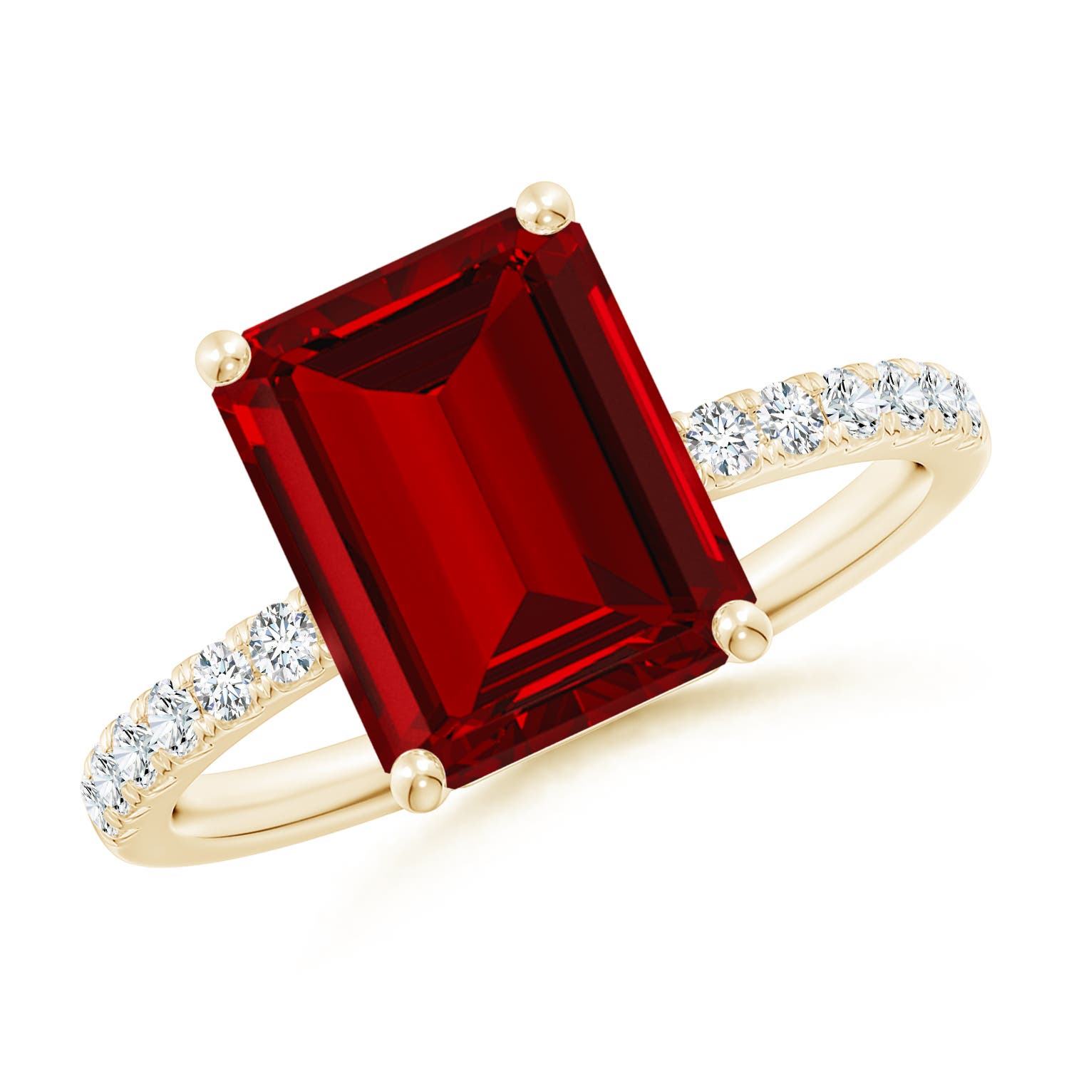 10x8mm Labgrown Lab-Grown Emerald-Cut Ruby Engagement Ring with Lab Diamonds in 18K Yellow Gold