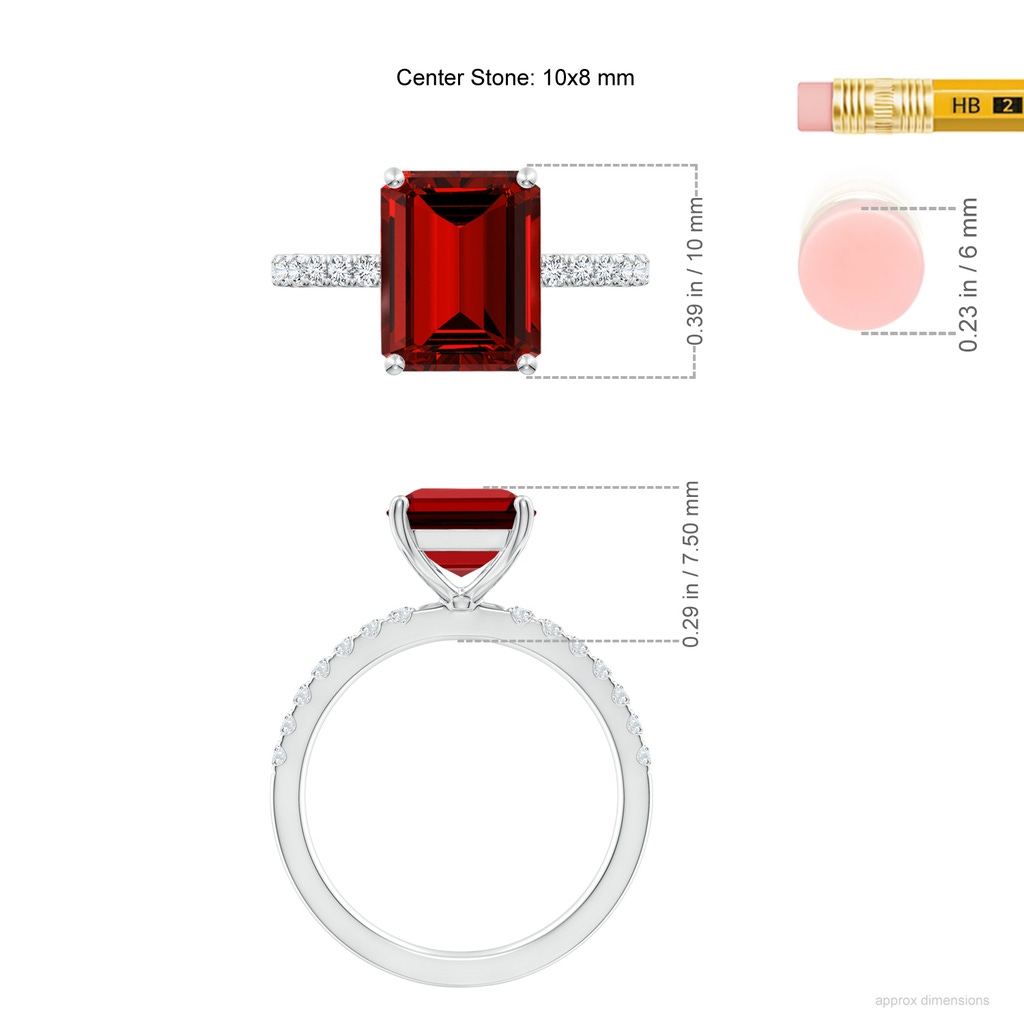 10x8mm Labgrown Lab-Grown Emerald-Cut Ruby Engagement Ring with Lab Diamonds in P950 Platinum ruler