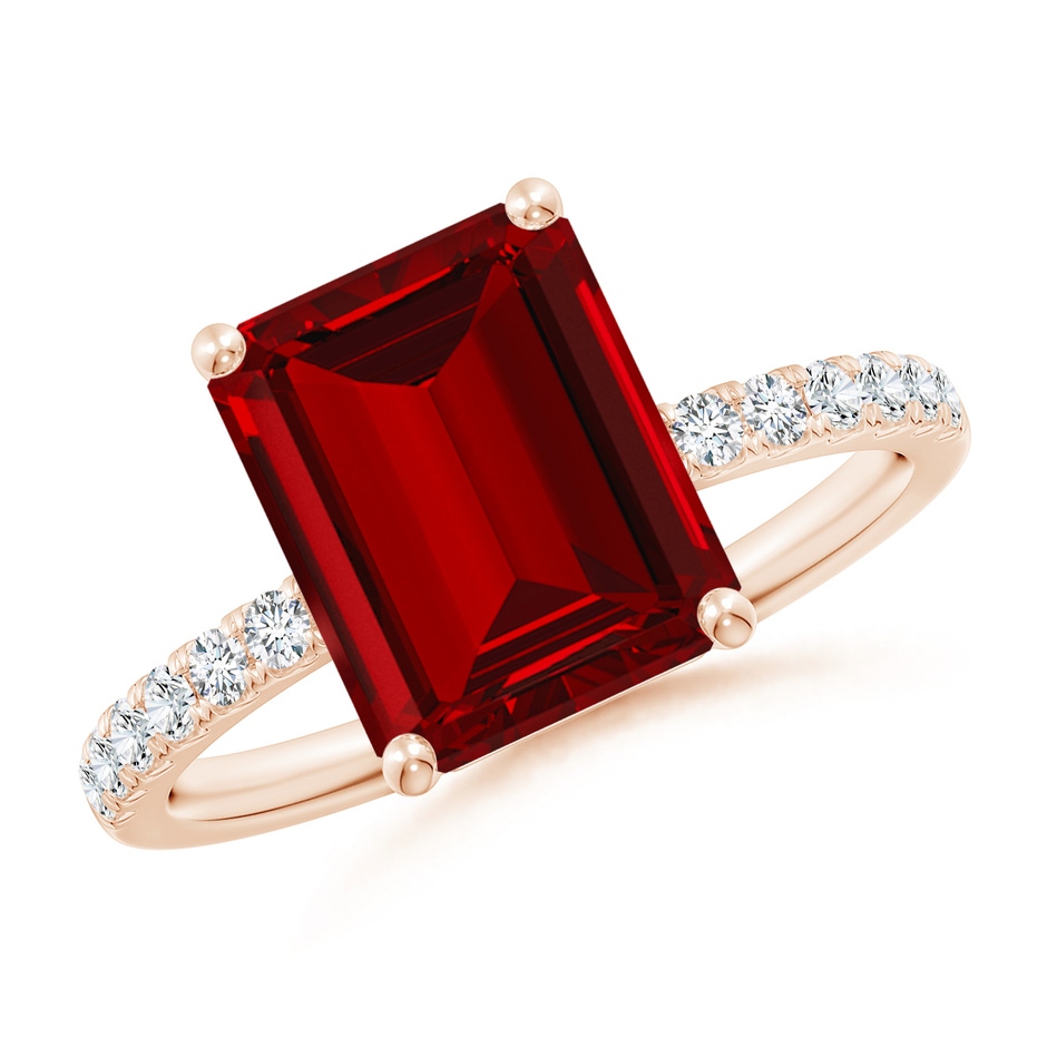 10x8mm Labgrown Lab-Grown Emerald-Cut Ruby Engagement Ring with Lab Diamonds in Rose Gold 