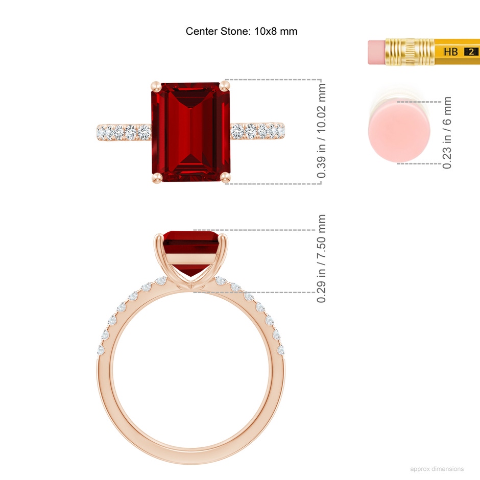 10x8mm Labgrown Lab-Grown Emerald-Cut Ruby Engagement Ring with Lab Diamonds in Rose Gold ruler