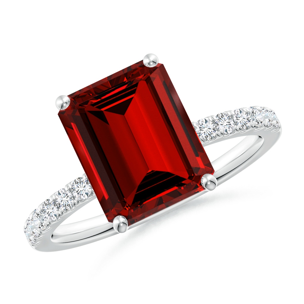 10x8mm Labgrown Lab-Grown Emerald-Cut Ruby Engagement Ring with Lab Diamonds in White Gold