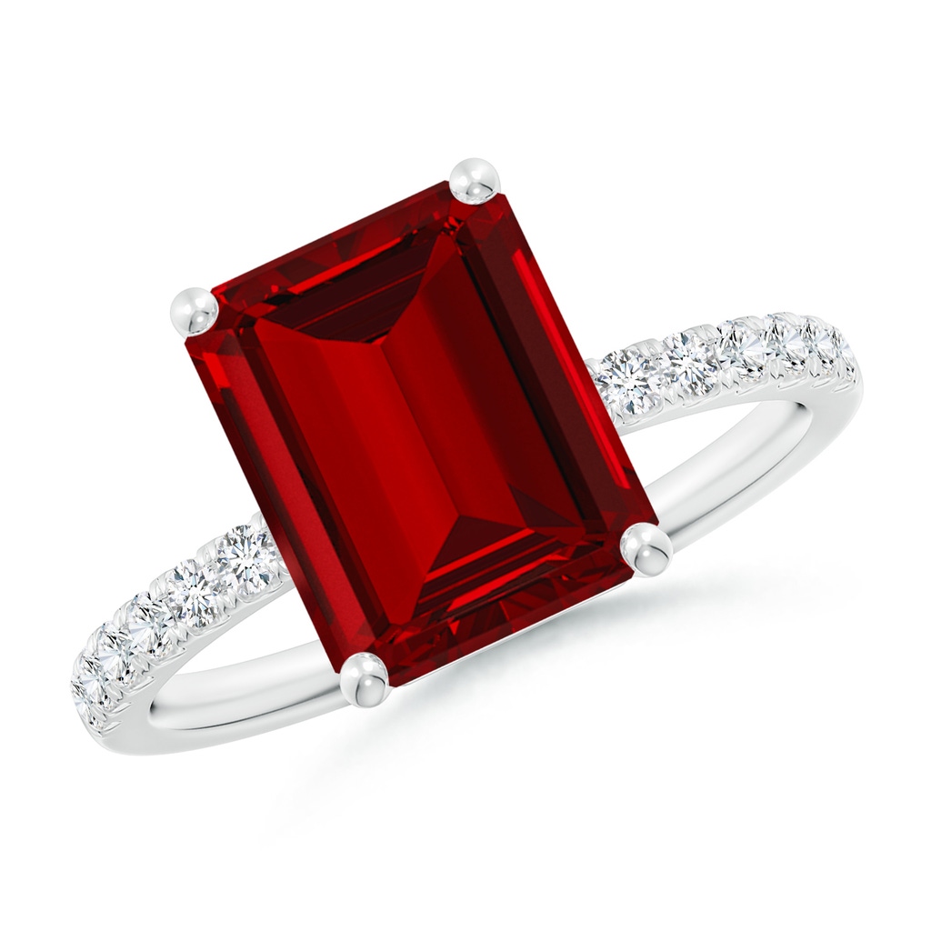 10x8mm Labgrown Lab-Grown Emerald-Cut Ruby Engagement Ring with Lab Diamonds in White Gold