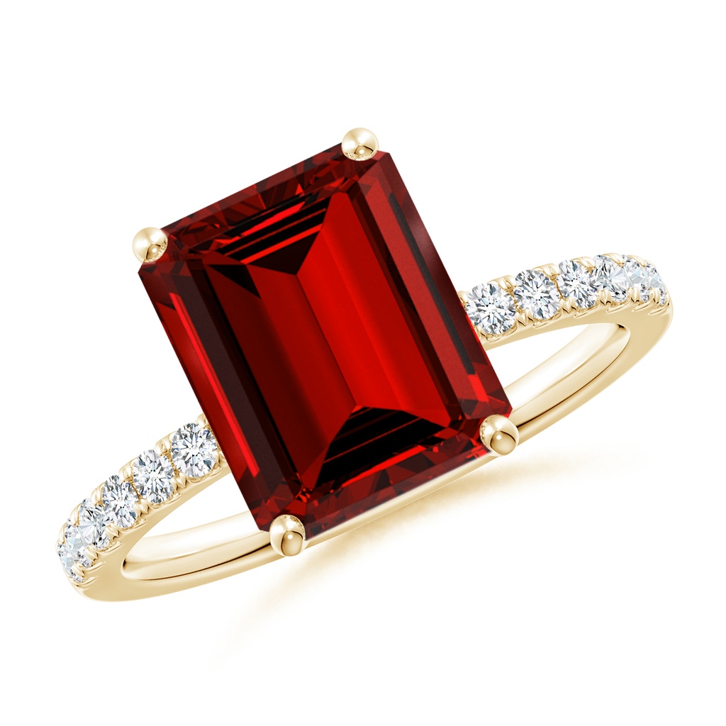 10x8mm Labgrown Lab-Grown Emerald-Cut Ruby Engagement Ring with Lab Diamonds in Yellow Gold 