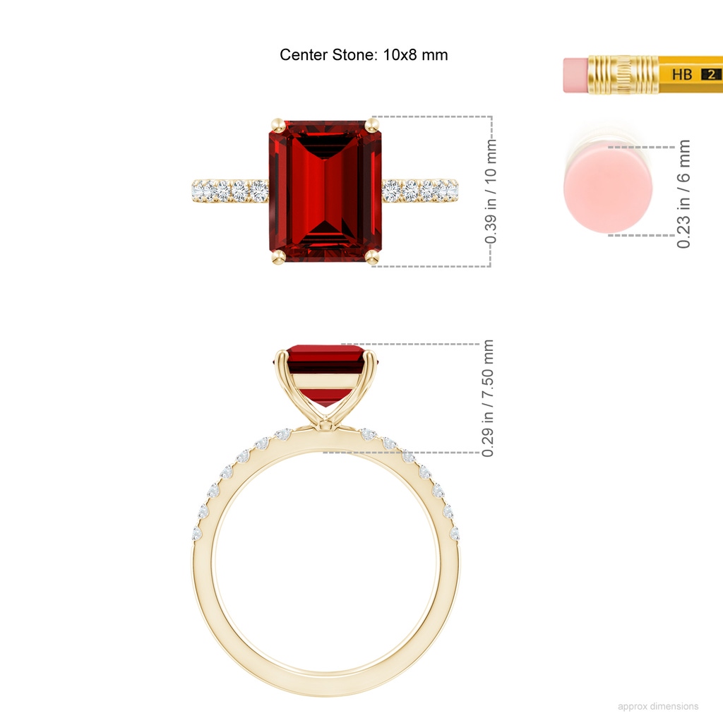 10x8mm Labgrown Lab-Grown Emerald-Cut Ruby Engagement Ring with Lab Diamonds in Yellow Gold ruler