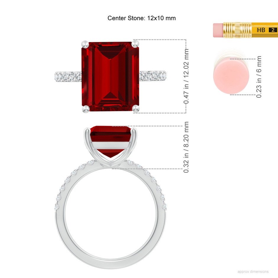 12x10mm Labgrown Lab-Grown Emerald-Cut Ruby Engagement Ring with Lab Diamonds in P950 Platinum ruler