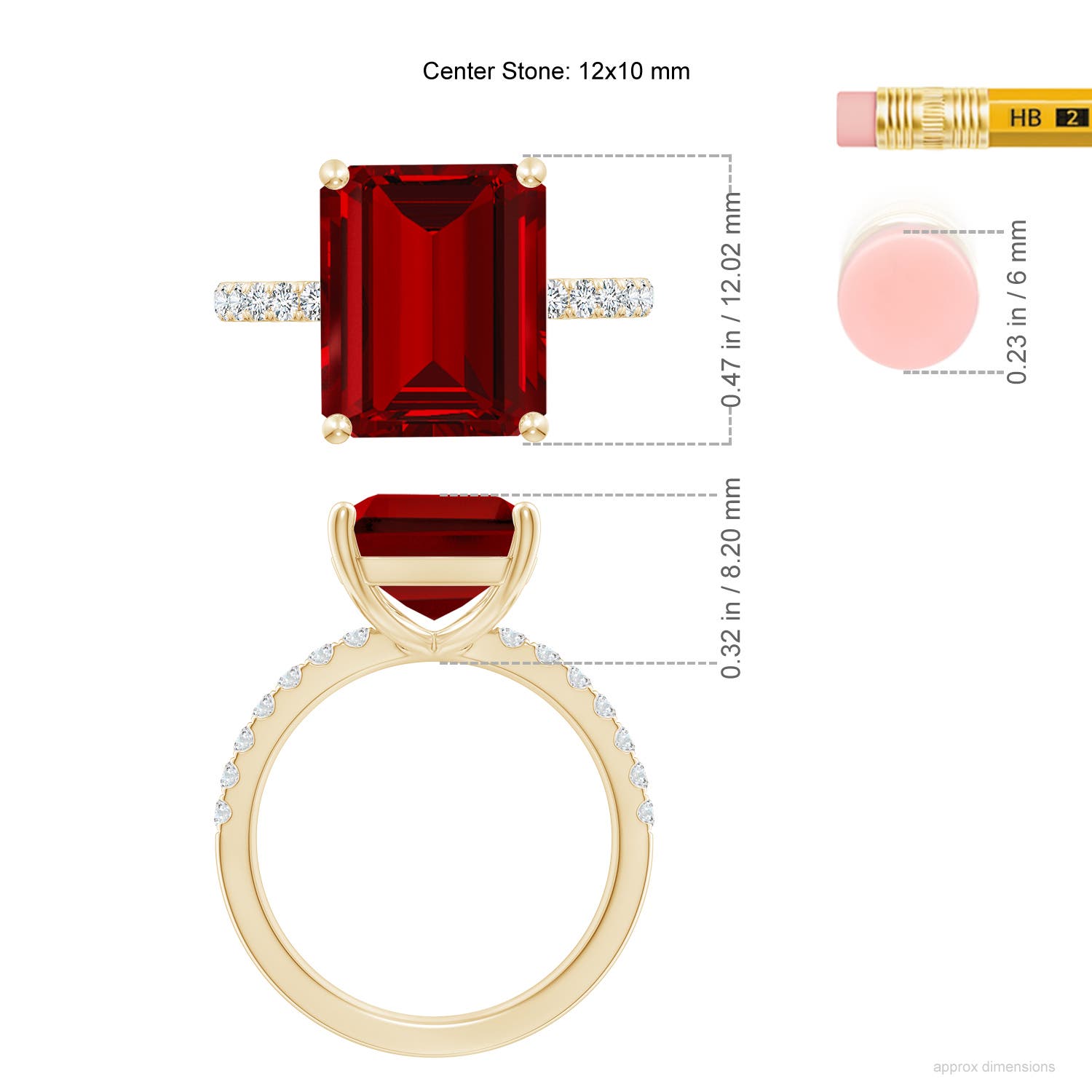 12x10mm Labgrown Lab-Grown Emerald-Cut Ruby Engagement Ring with Lab Diamonds in Yellow Gold - ruler
