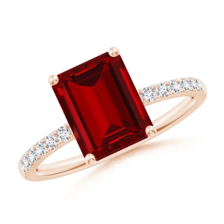 9x7mm Labgrown Lab-Grown Emerald-Cut Ruby Engagement Ring with Lab Diamonds in 9K Rose Gold