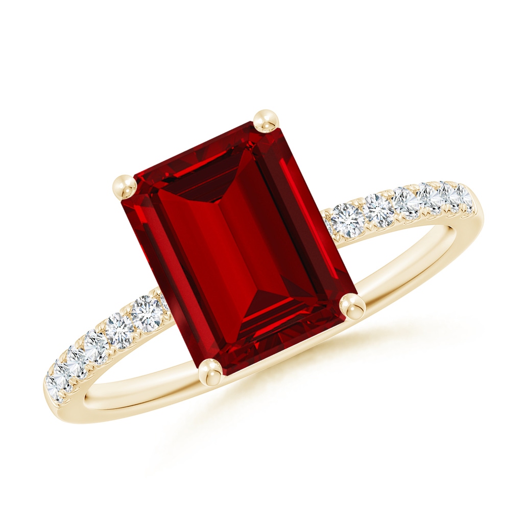 9x7mm Labgrown Lab-Grown Emerald-Cut Ruby Engagement Ring with Lab Diamonds in Yellow Gold