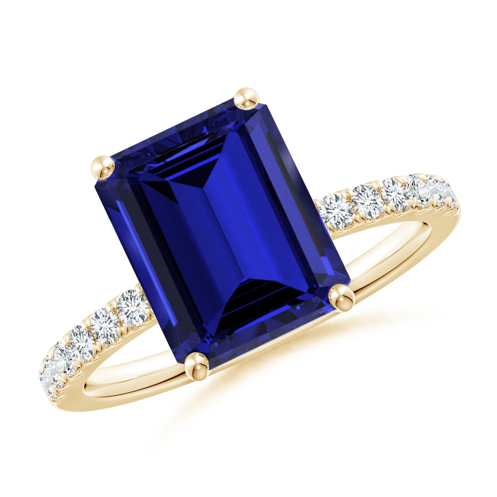 10x8mm Labgrown Lab-Grown Emerald-Cut Blue Sapphire Engagement Ring with Lab Diamonds in Yellow Gold