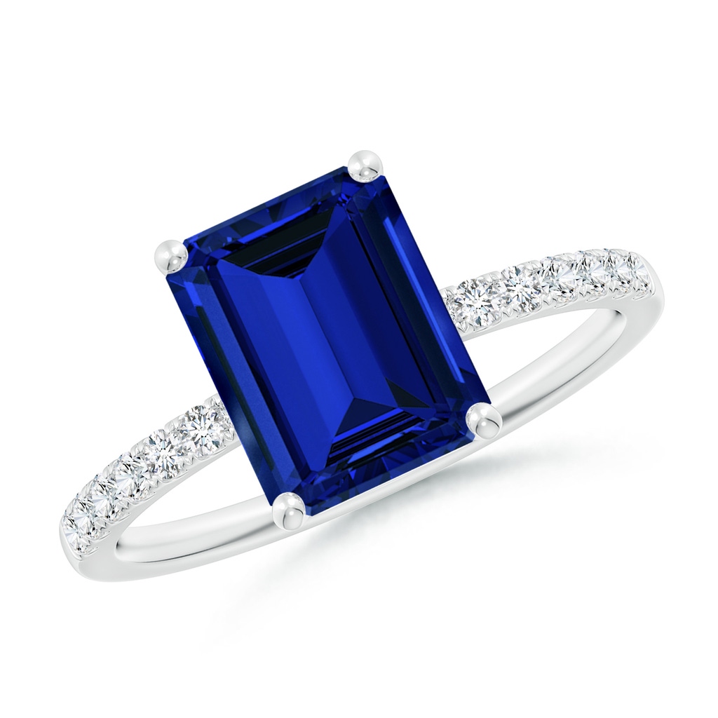 9x7mm Labgrown Lab-Grown Emerald-Cut Blue Sapphire Engagement Ring with Lab Diamonds in White Gold 