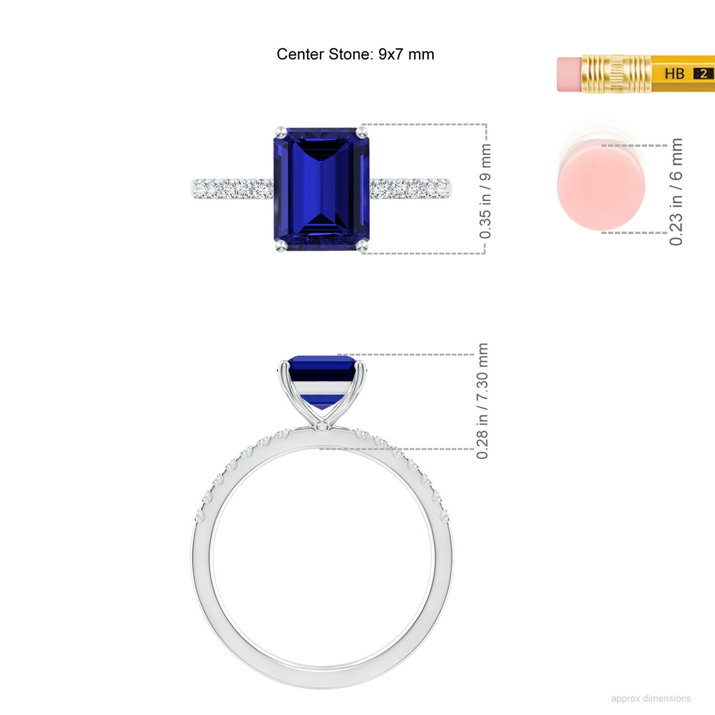 9x7mm Labgrown Lab-Grown Emerald-Cut Blue Sapphire Engagement Ring with Lab Diamonds in White Gold ruler