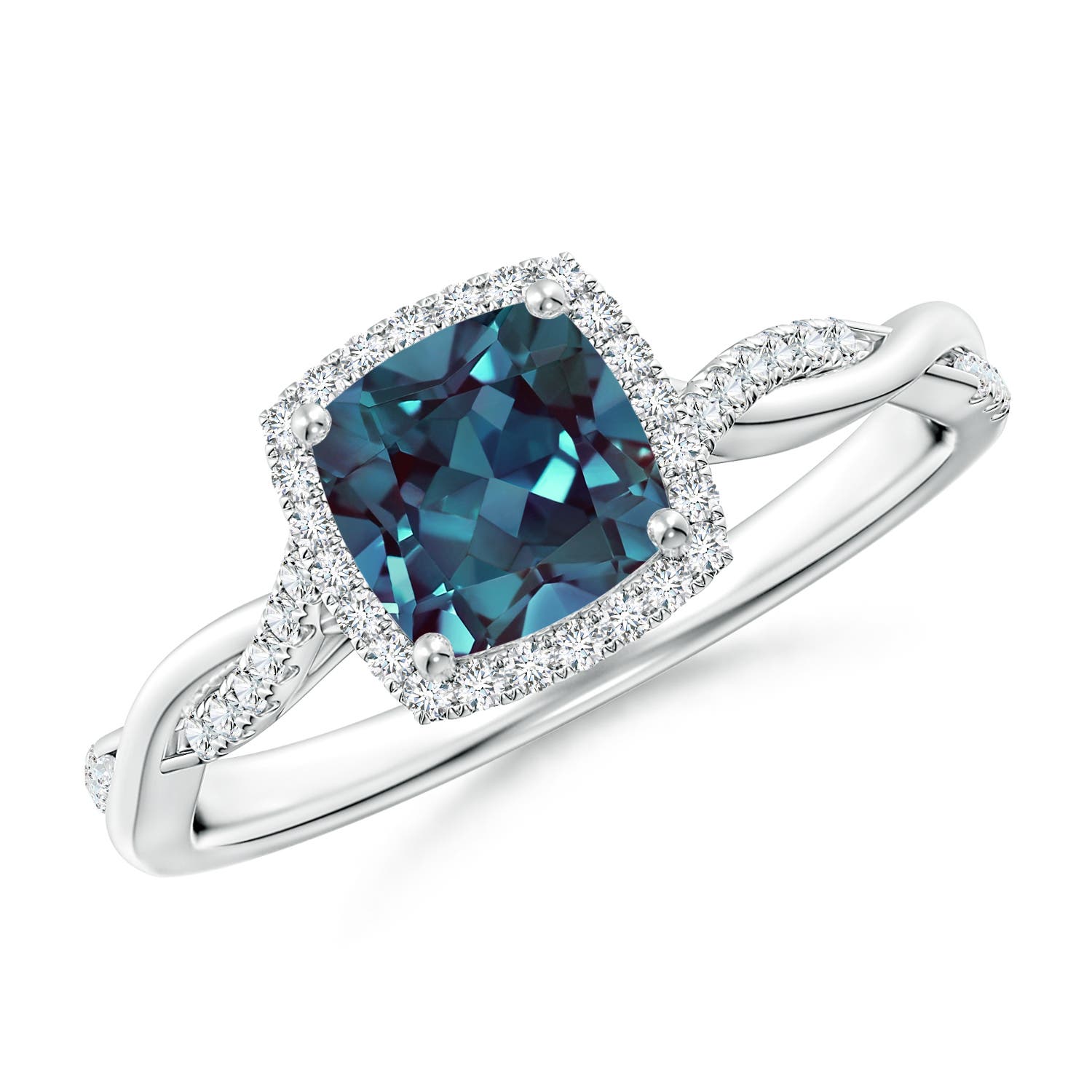 6mm Labgrown Twisted Shank Cushion Lab-Grown Alexandrite Halo Engagement Ring in 18K White Gold