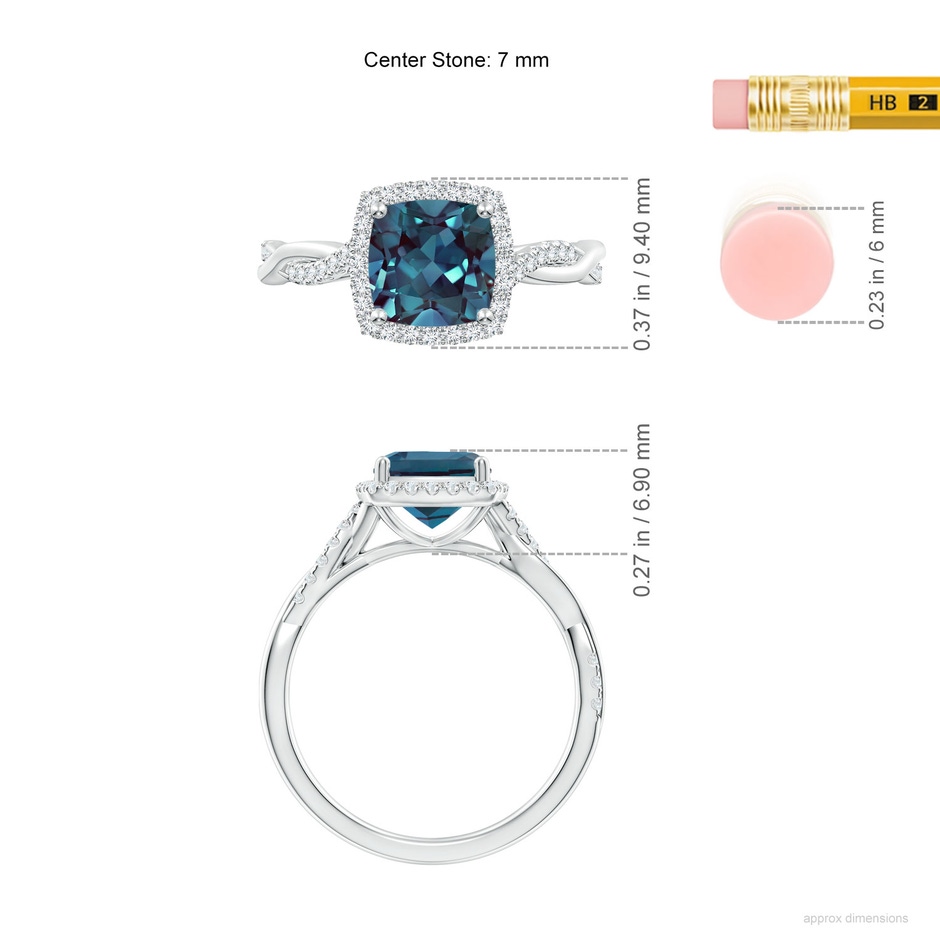 7mm Labgrown Twisted Shank Cushion Lab-Grown Alexandrite Halo Engagement Ring in 18K White Gold ruler