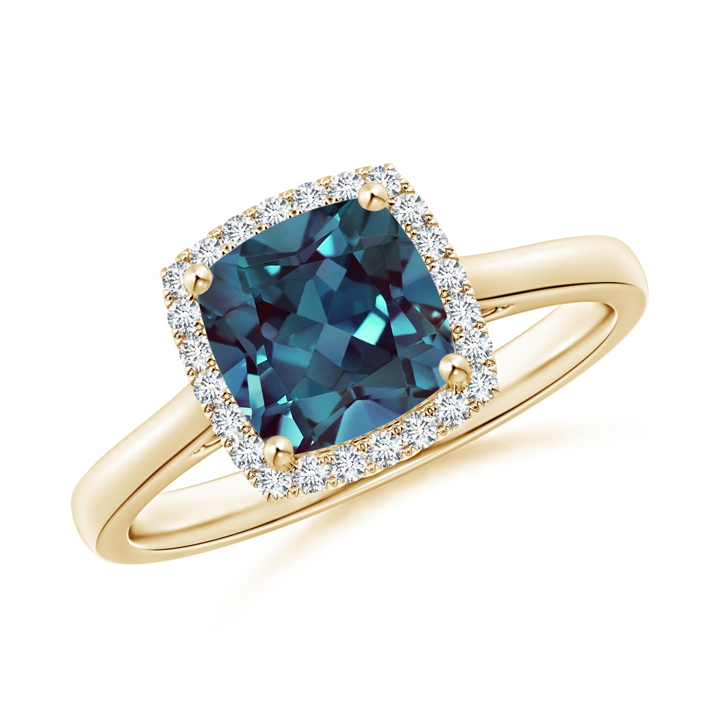 7mm Labgrown Classic Cushion Lab-Grown Alexandrite Halo Engagement Ring in Yellow Gold