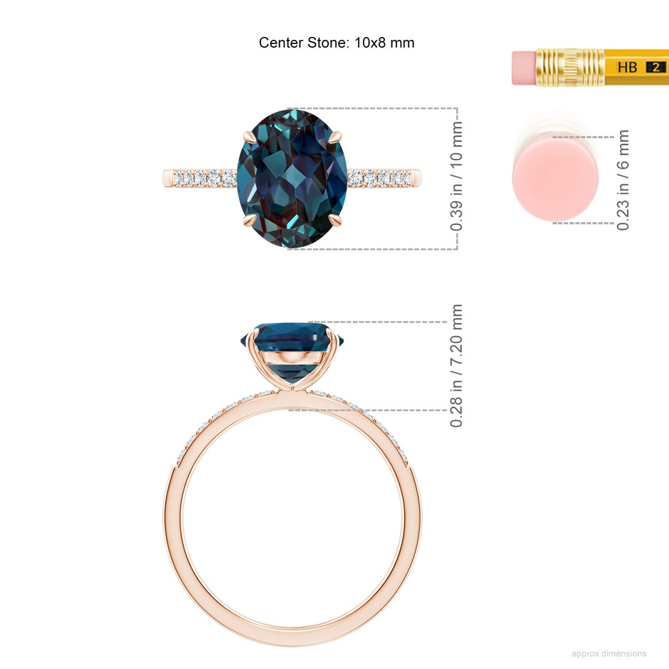 10x8mm Labgrown Claw-Set Oval Lab-Grown Alexandrite Ring with Diamonds in 9K Rose Gold ruler