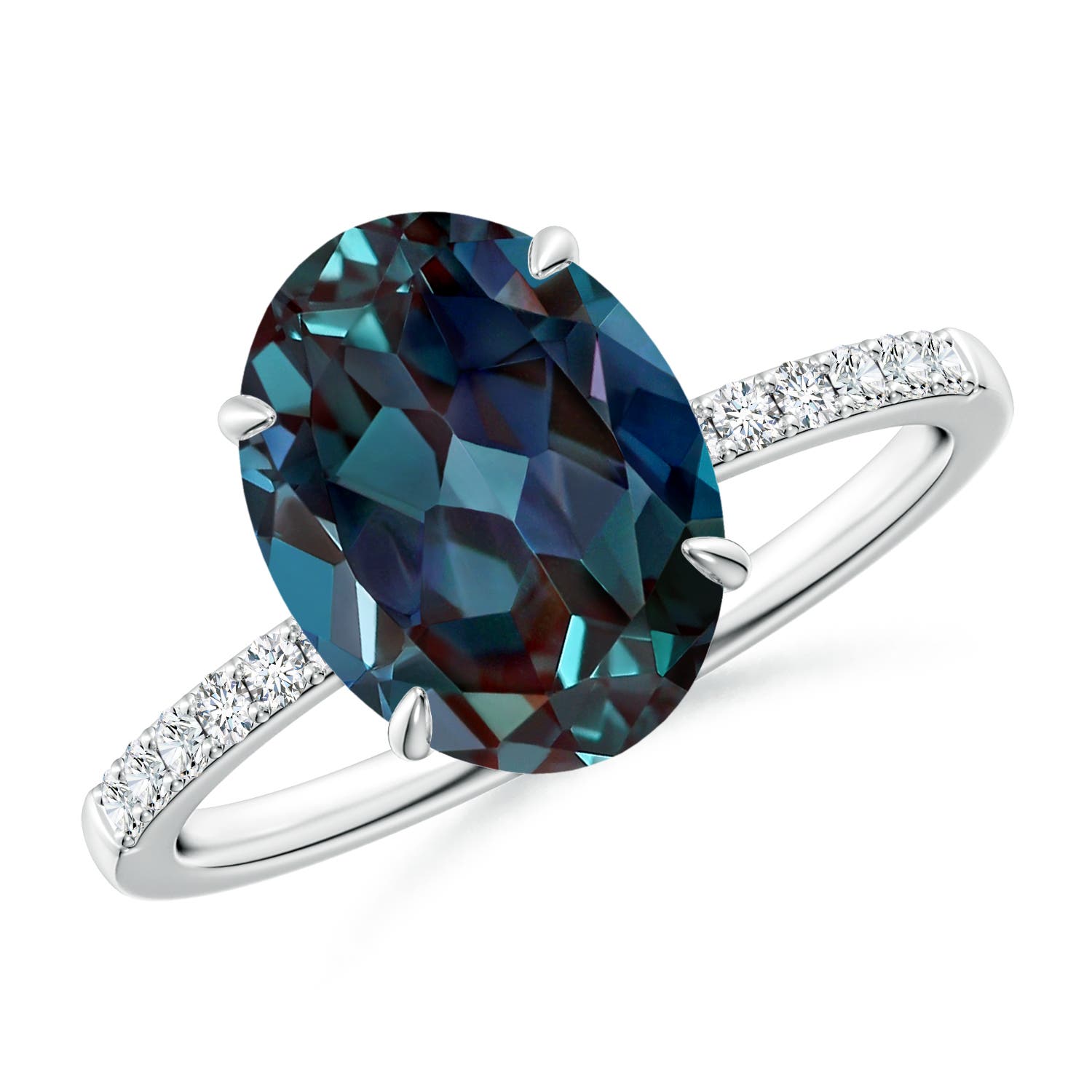 11x9mm Labgrown Claw-Set Oval Lab-Grown Alexandrite Ring with Diamonds in 18K White Gold