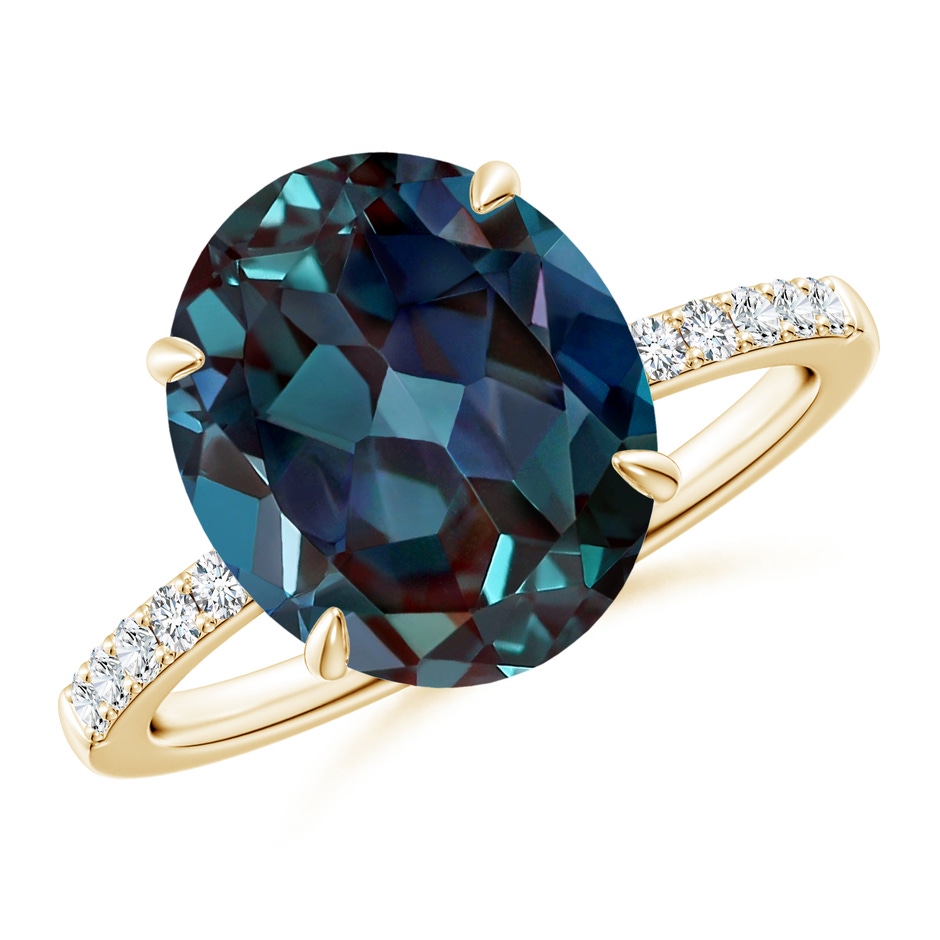 12x10mm Labgrown Claw-Set Oval Lab-Grown Alexandrite Ring with Diamonds in Yellow Gold 