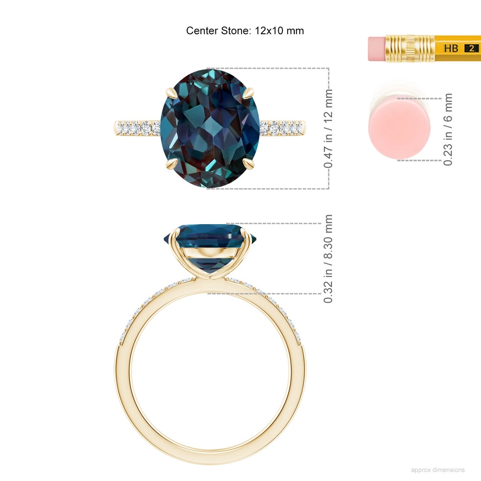 12x10mm Labgrown Claw-Set Oval Lab-Grown Alexandrite Ring with Diamonds in Yellow Gold ruler