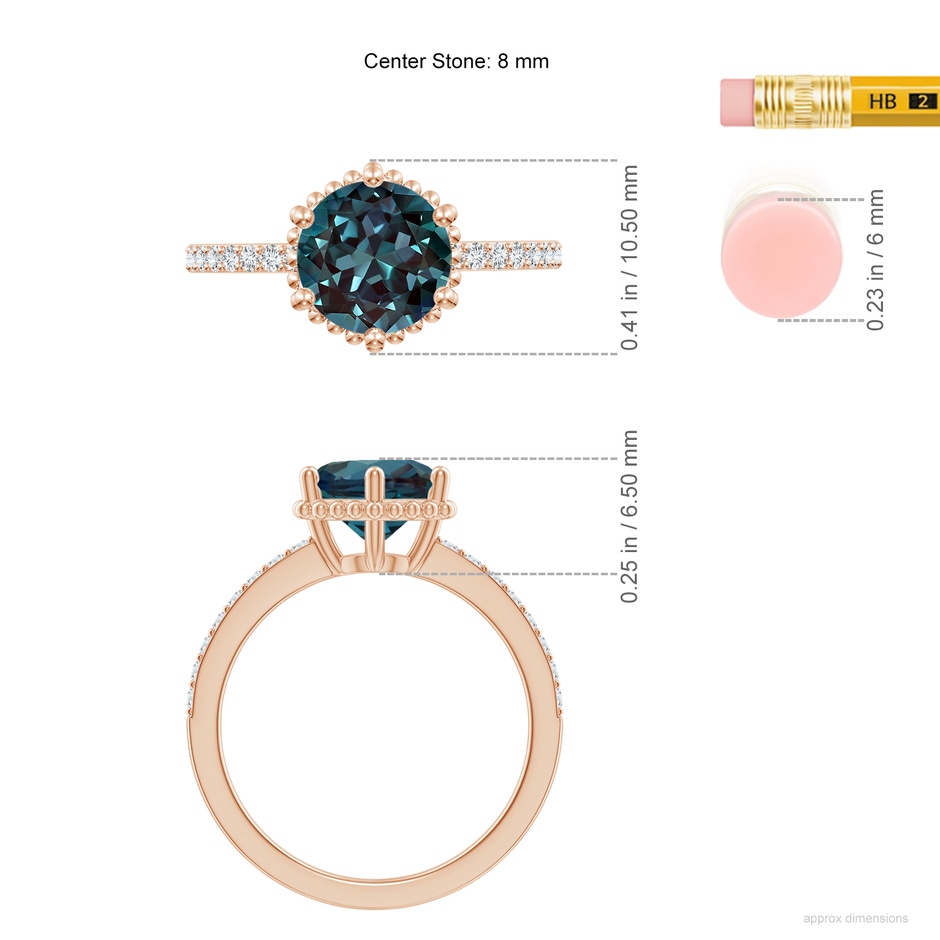 8mm Labgrown Solitaire Round Lab-Grown Alexandrite Ring with Diamond Accents in 18K Rose Gold ruler