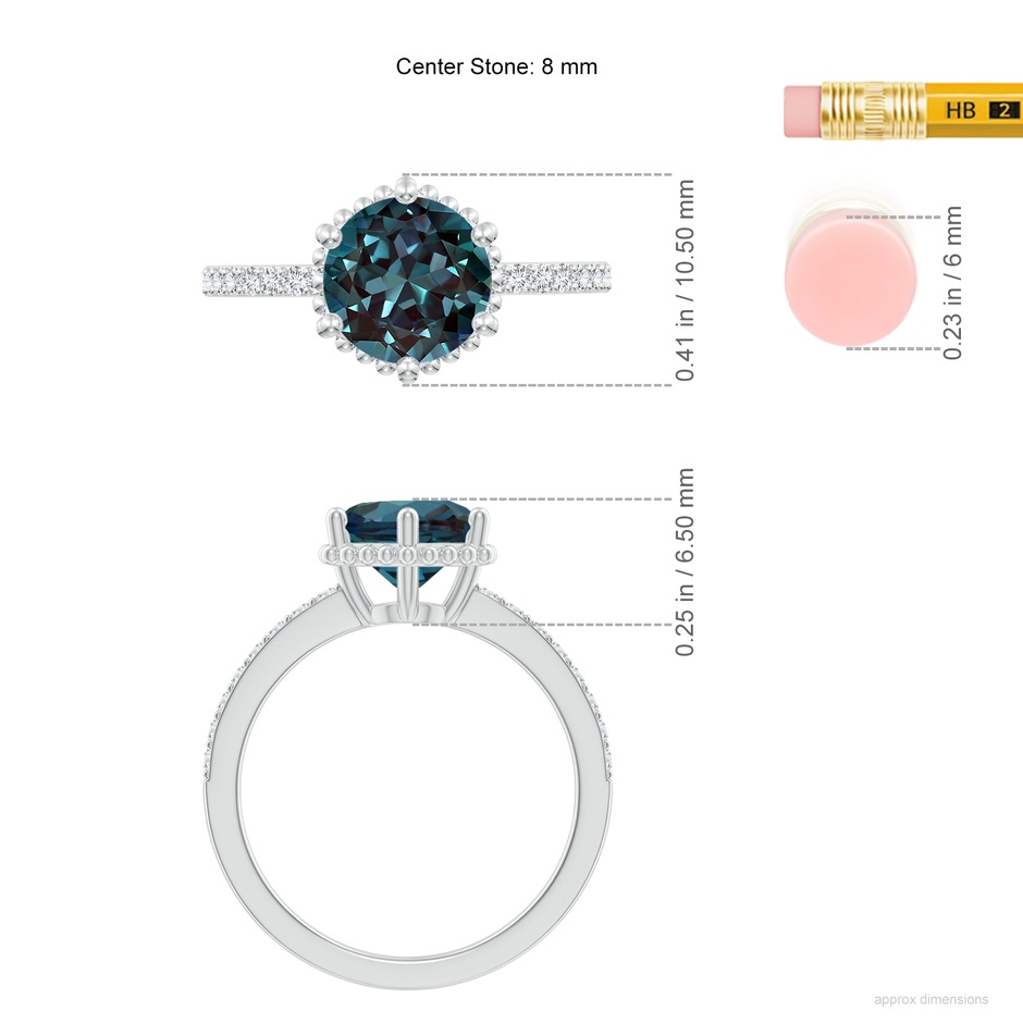 8mm Labgrown Solitaire Round Lab-Grown Alexandrite Ring with Diamond Accents in 18K White Gold ruler