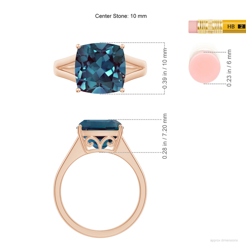 10mm Labgrown Split Shank Cushion Lab-Grown Alexandrite Engagement Ring in 18K Rose Gold ruler