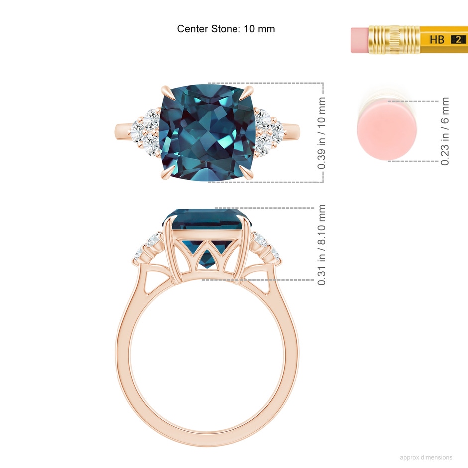 10mm Labgrown Cushion Lab-Grown Alexandrite Engagement Ring with Trio Diamonds in 18K Rose Gold ruler
