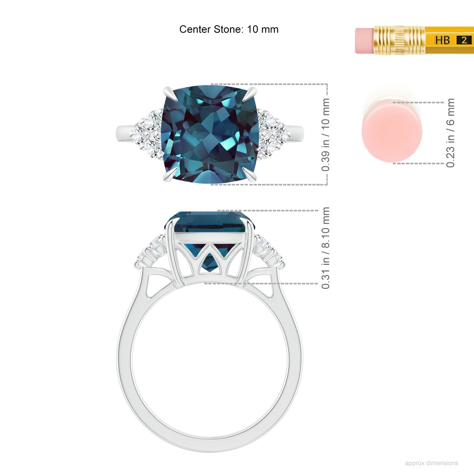 10mm Labgrown Cushion Lab-Grown Alexandrite Engagement Ring with Trio Diamonds in 18K White Gold ruler