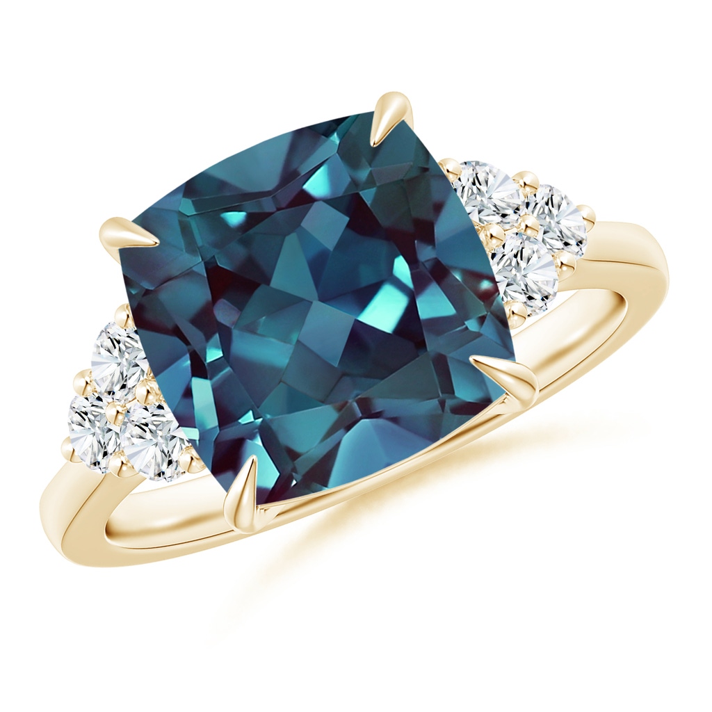 10mm Labgrown Cushion Lab-Grown Alexandrite Engagement Ring with Trio Diamonds in Yellow Gold