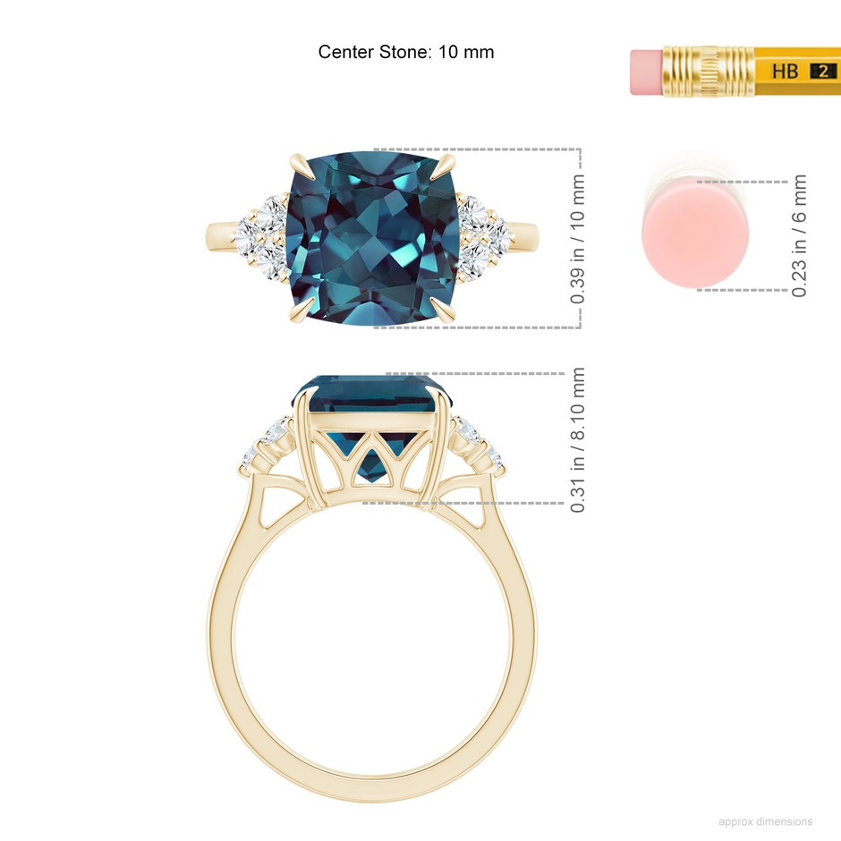 10mm Labgrown Cushion Lab-Grown Alexandrite Engagement Ring with Trio Diamonds in Yellow Gold ruler