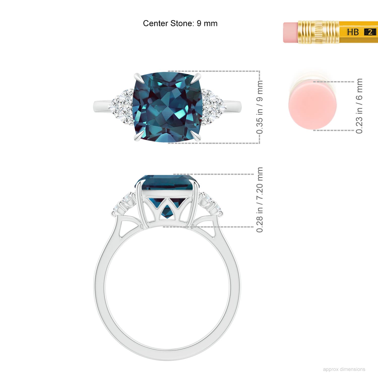 9mm Labgrown Cushion Lab-Grown Alexandrite Engagement Ring with Trio Diamonds in White Gold - ruler