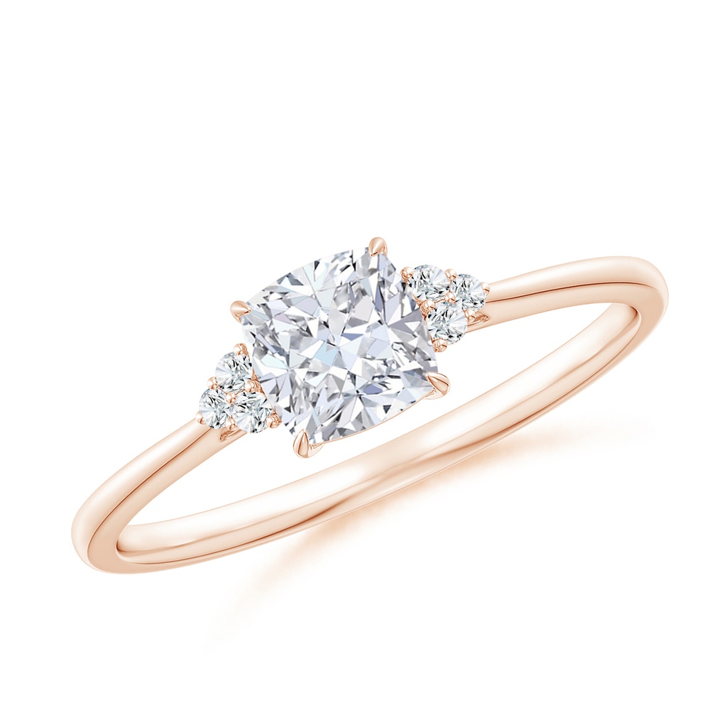 5mm FGVS Lab-Grown Cushion Diamond Engagement Ring with Trio Diamonds in Rose Gold