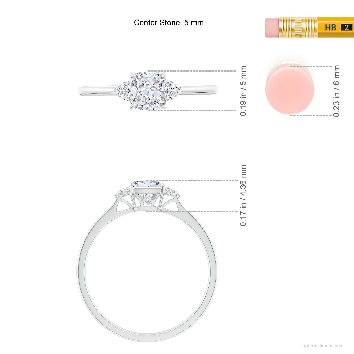 5mm FGVS Lab-Grown Cushion Diamond Engagement Ring with Trio Diamonds in White Gold - ruler