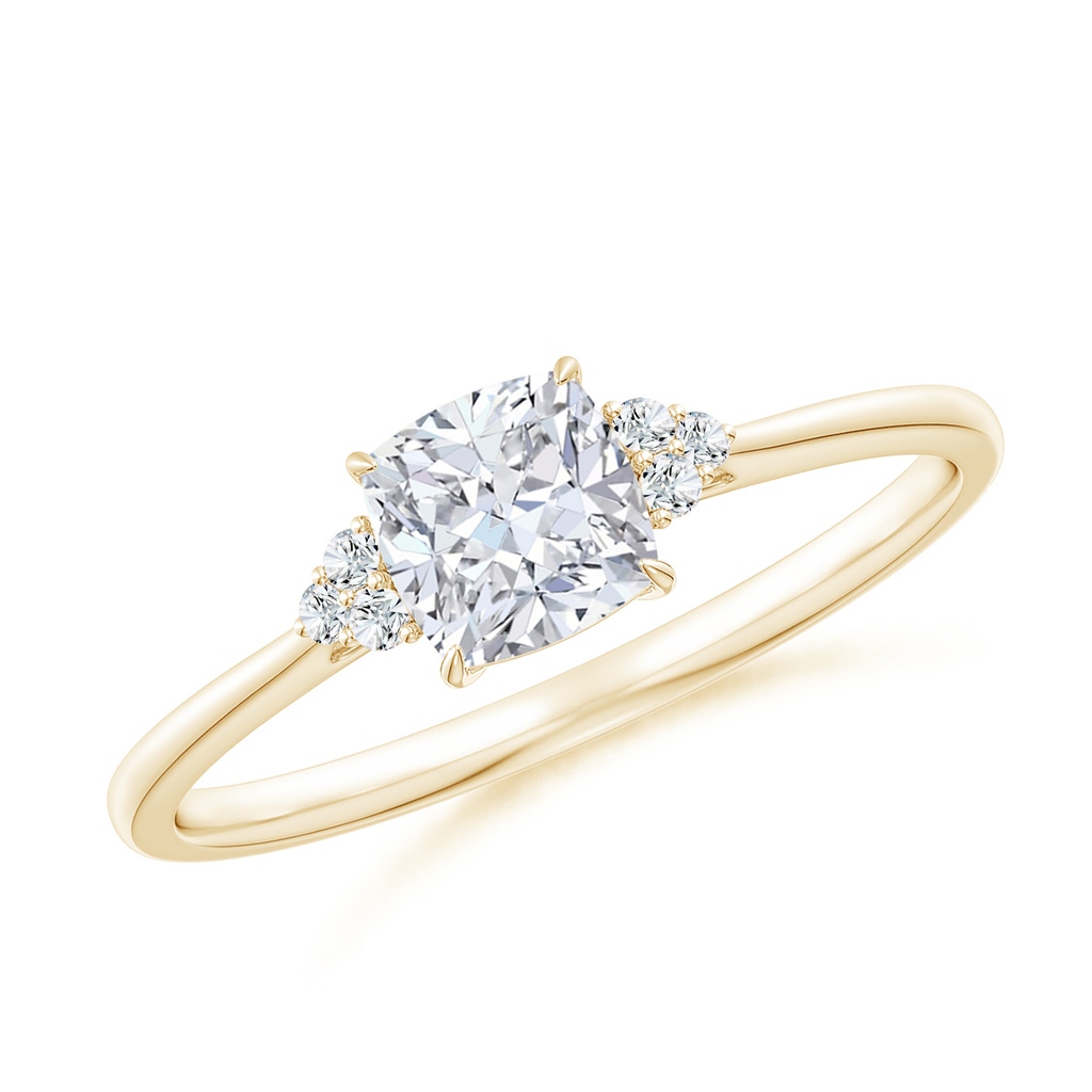 5mm FGVS Lab-Grown Cushion Diamond Engagement Ring with Trio Diamonds in Yellow Gold