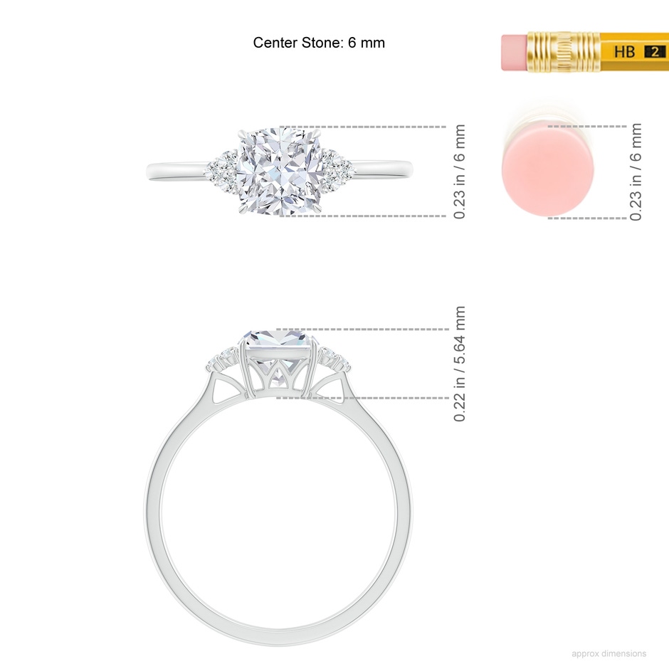 6mm FGVS Lab-Grown Cushion Diamond Engagement Ring with Trio Diamonds in P950 Platinum ruler