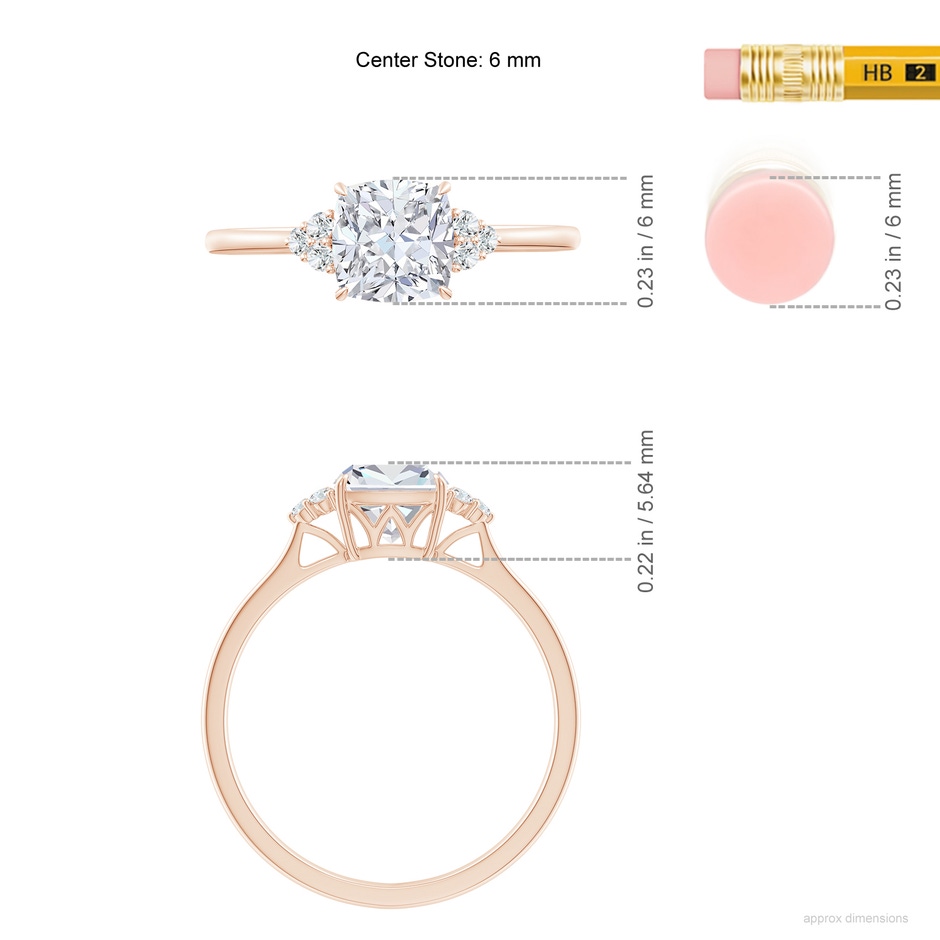 6mm FGVS Lab-Grown Cushion Diamond Engagement Ring with Trio Diamonds in Rose Gold ruler