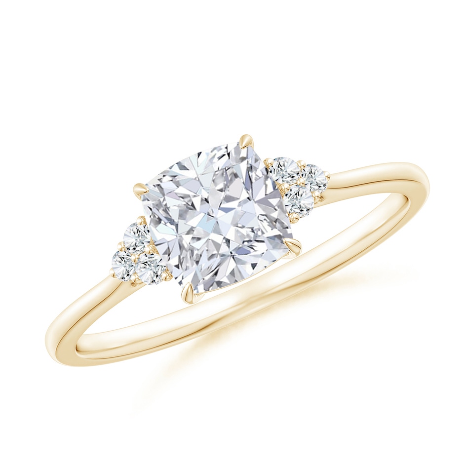 6mm FGVS Lab-Grown Cushion Diamond Engagement Ring with Trio Diamonds in Yellow Gold 