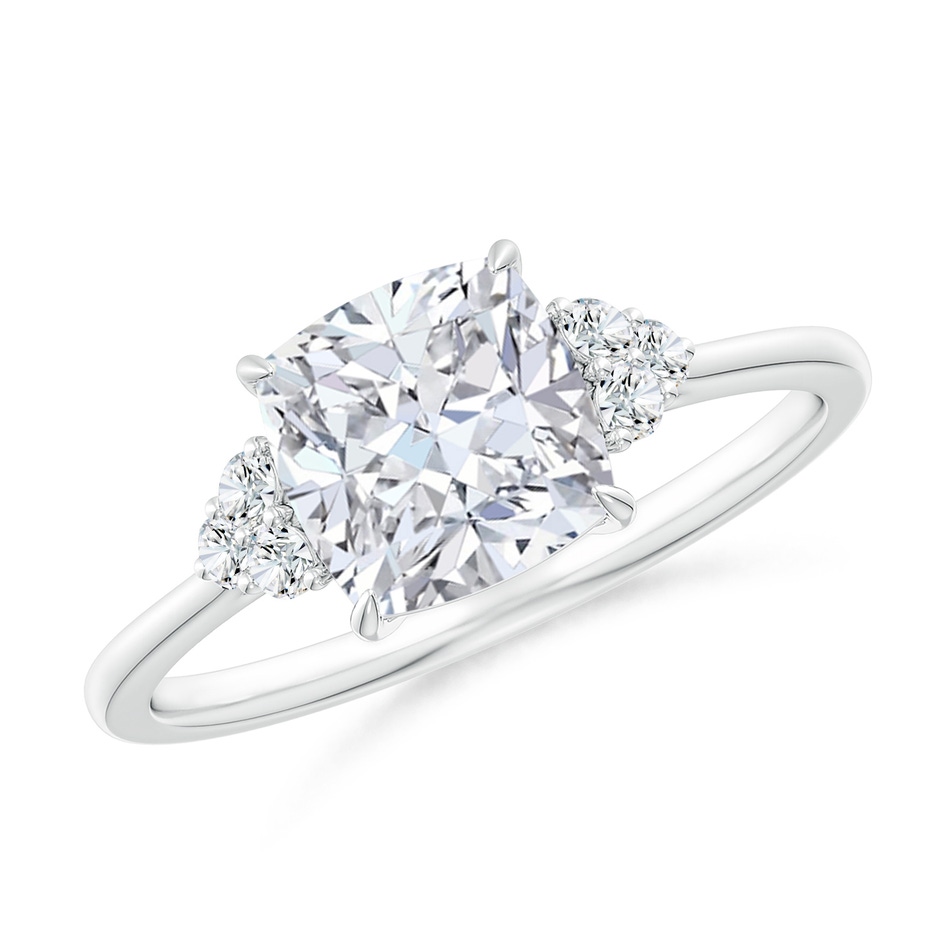 7mm FGVS Lab-Grown Cushion Diamond Engagement Ring with Trio Diamonds in White Gold 