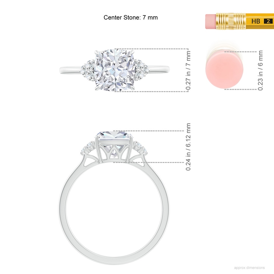 7mm FGVS Lab-Grown Cushion Diamond Engagement Ring with Trio Diamonds in White Gold ruler
