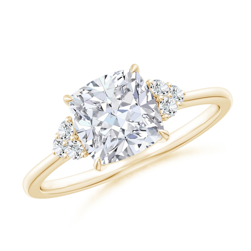 7mm FGVS Lab-Grown Cushion Diamond Engagement Ring with Trio Diamonds in Yellow Gold